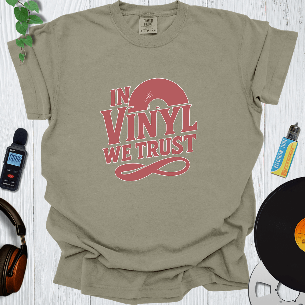 Printify T-Shirt Khaki / S In Vinyl We Trust